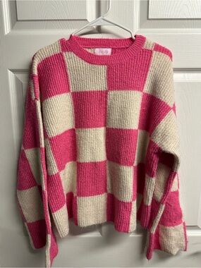 Pink Lily Pink and Cream Checkerboard Crewneck Sweater